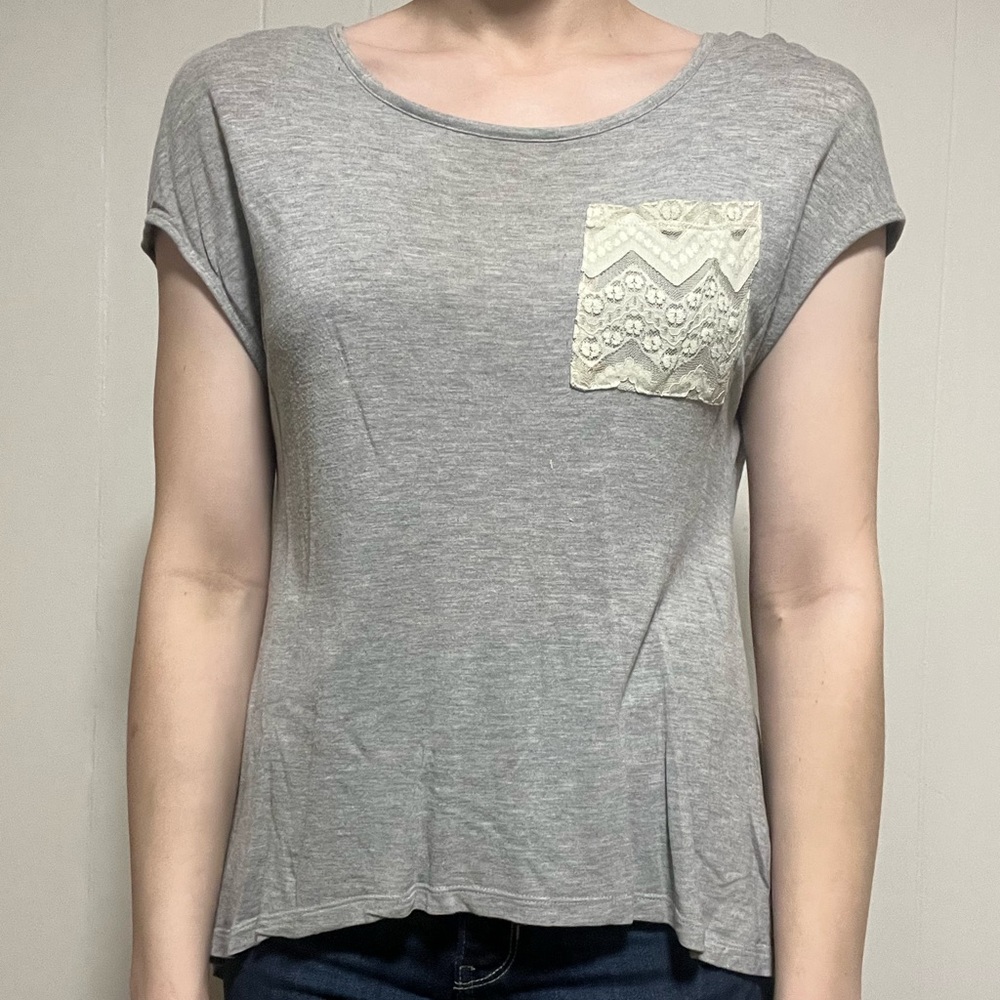 Grey shirt with cream lace accents
